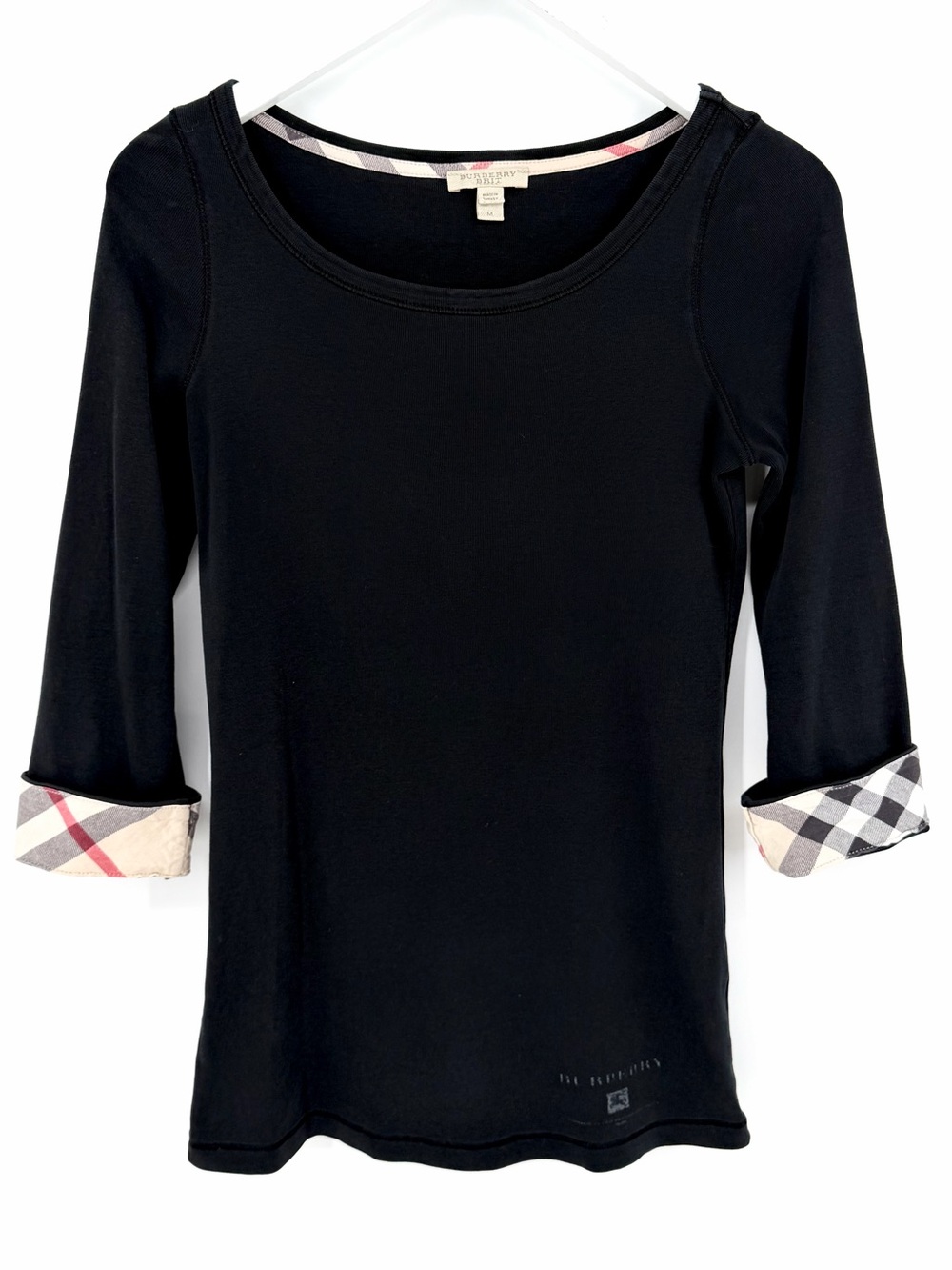 Burberry Scoop Neck Three Quarter Sleeve T Shirt Black